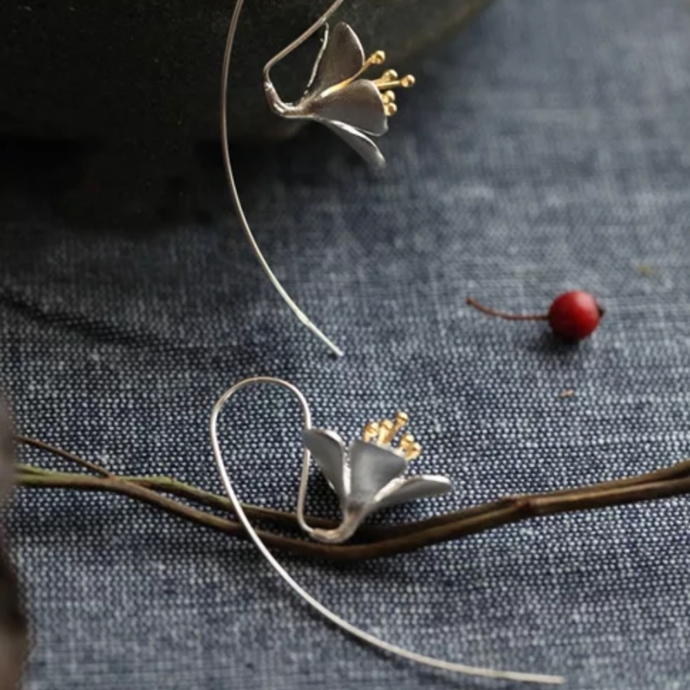 925 Silver Gold Long Feed Through Flower Earrings - Picture 3 of 5